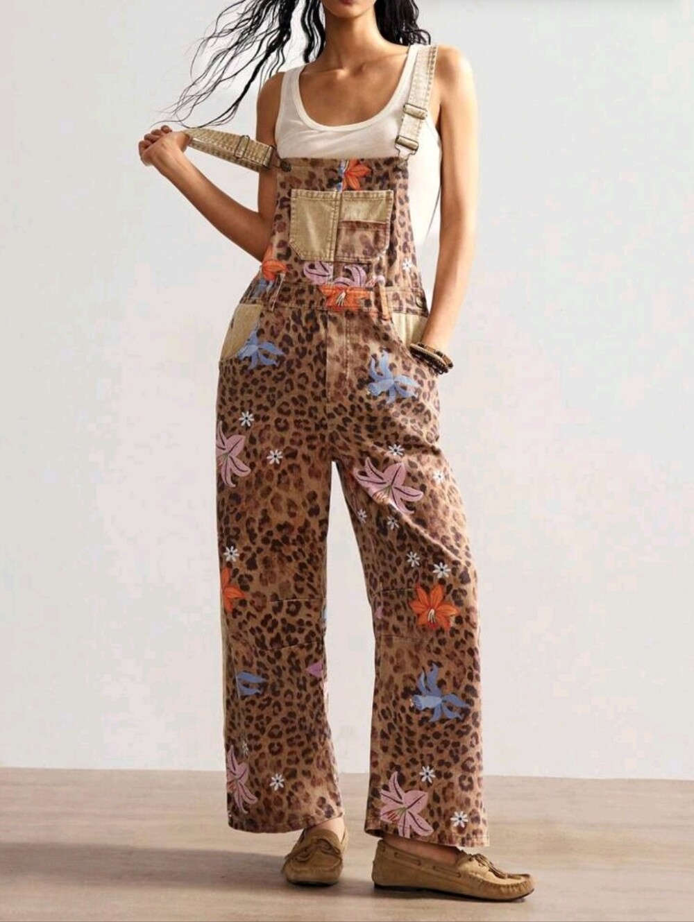 ISO IN SEARCH OF! Leopard Floral Print Wide Leg Overalls - Brown